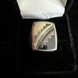 Geometric Silver Ring with Black and Cream Accents